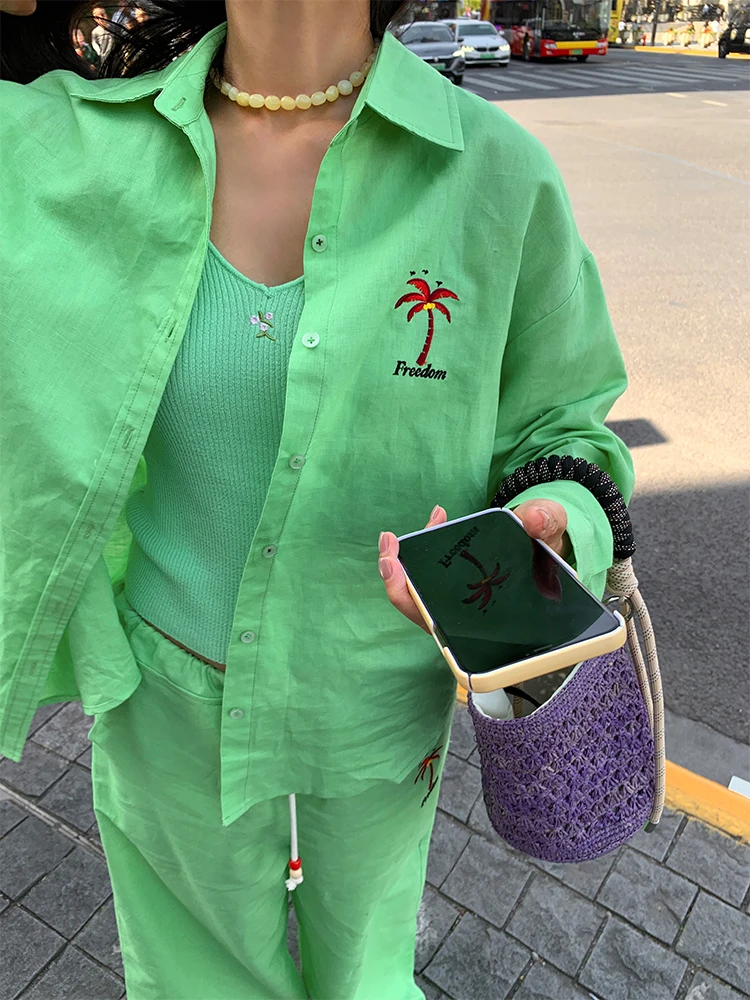 Conjunto f de duas peças em linho e aodão verde, calça plona e csa, moda primavera para idades de 25 a 35 ano...