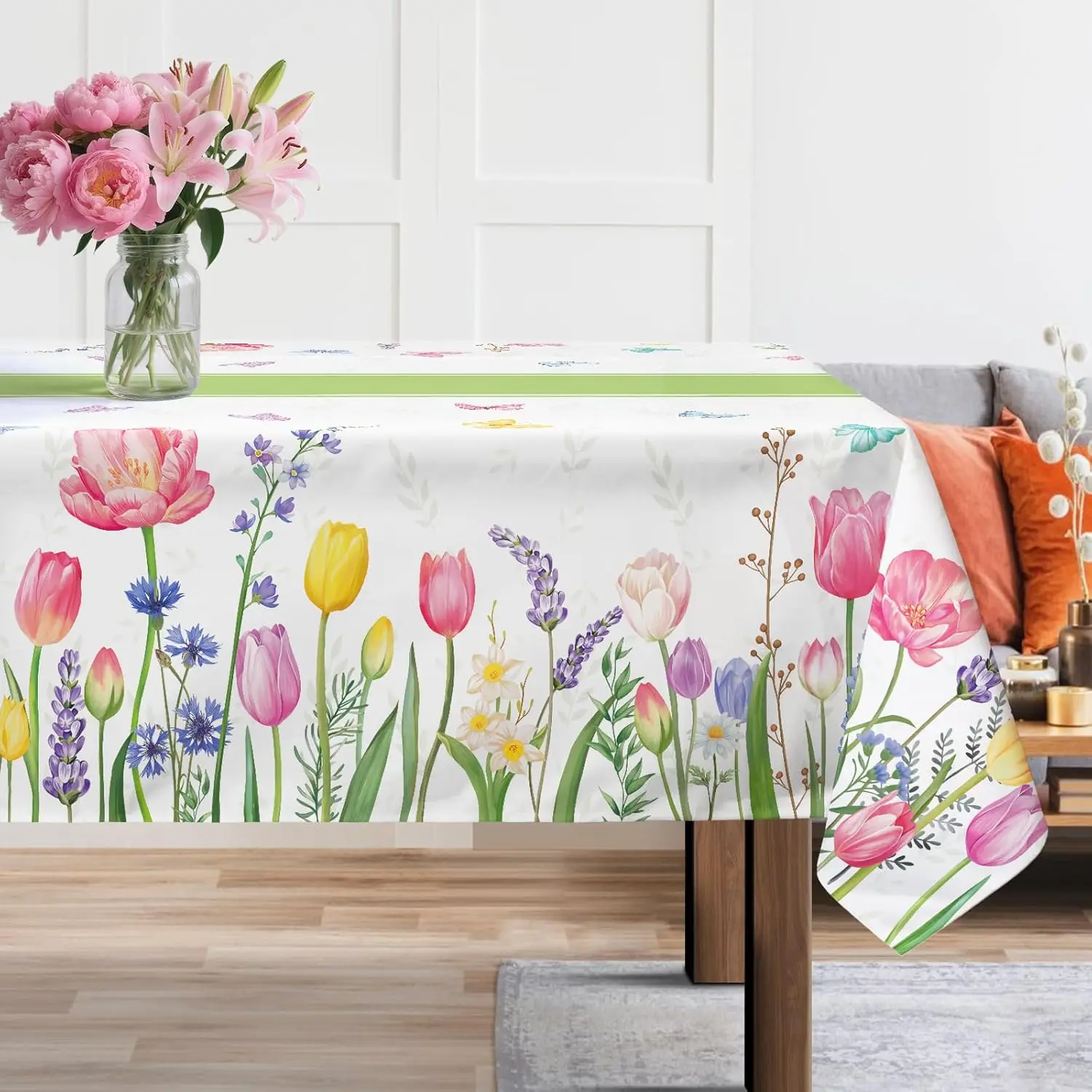 Spring Tulip Floral Rectangle Tablecloth for Table Decor Summer Watercolor Flowers Dining Table Cloth Wedding Party Decorations