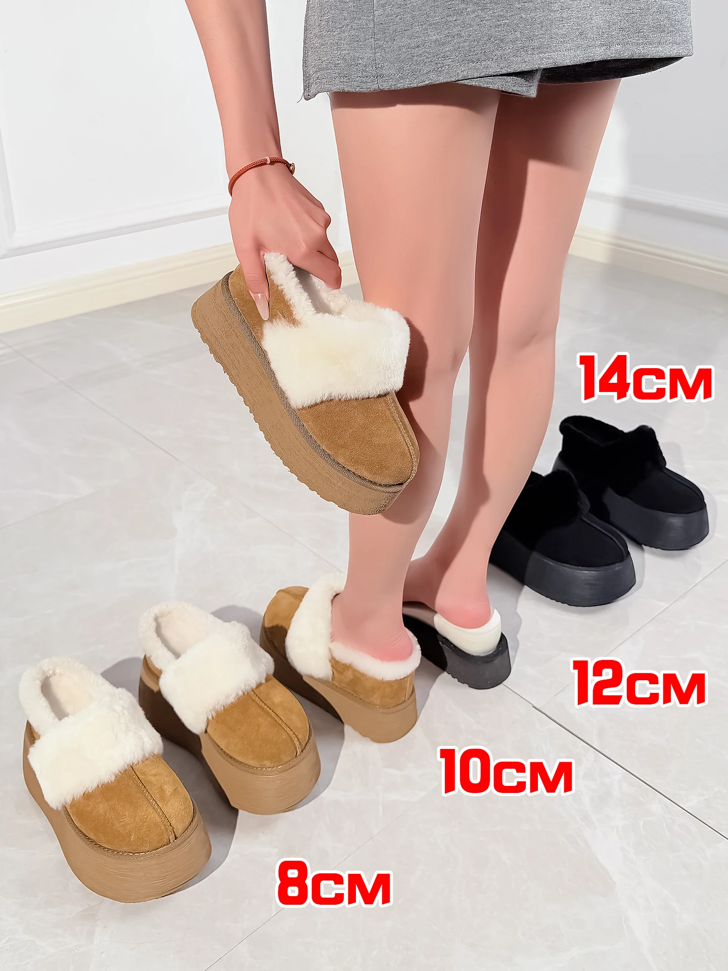 

8-14cm Elevator Shoes for Women Winter Warm Wool Slippers 10cm Platform Height Increasing Shoes Lightweight Chunky Mules Shoes