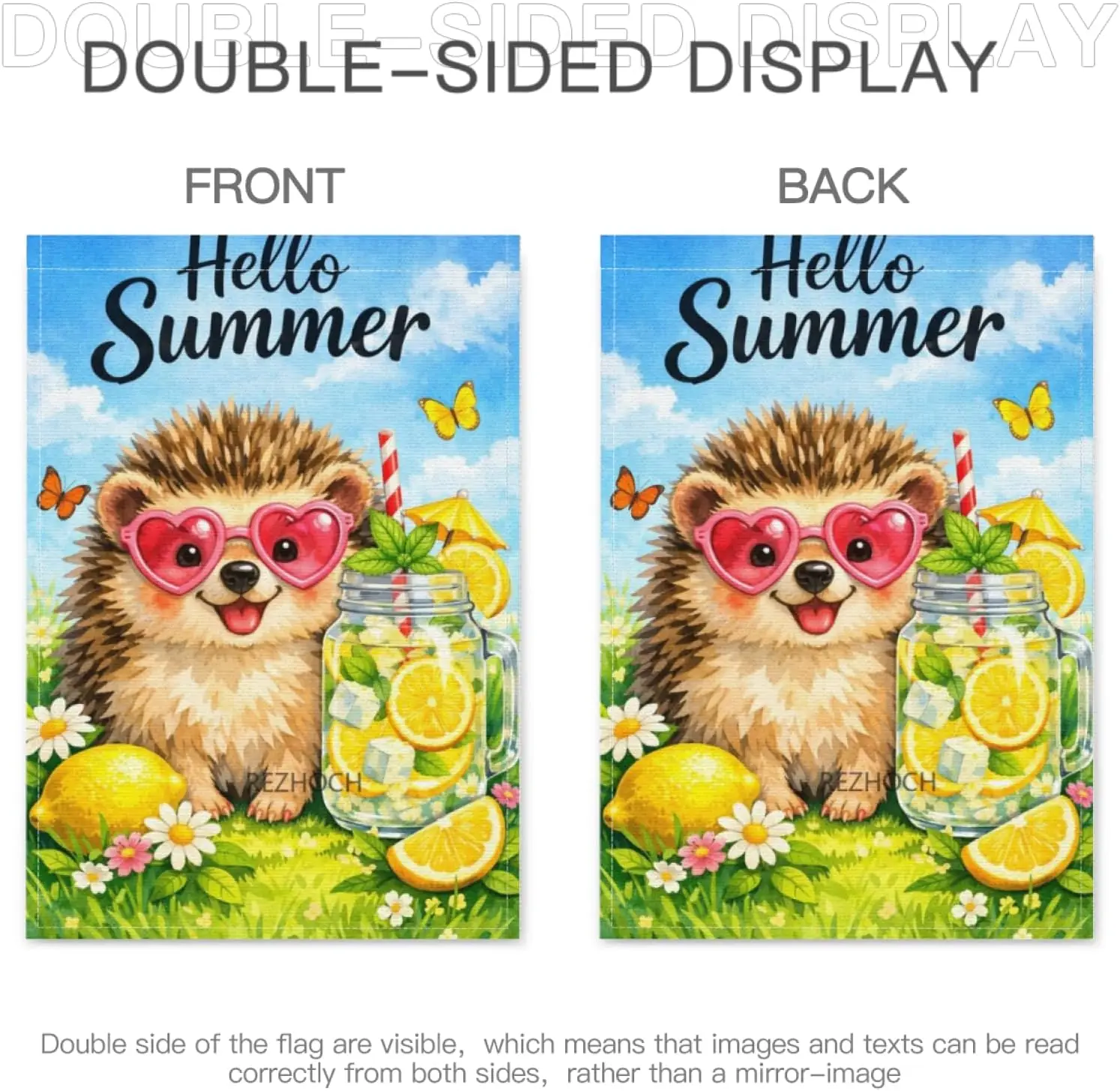 Hello Summer Garden Flag 28x40 Inch,Fun Hedgehog with Sunglasses,Lemonade Mason Jar Floral Yard Decor Flags,Cute Watercolor  AAS
