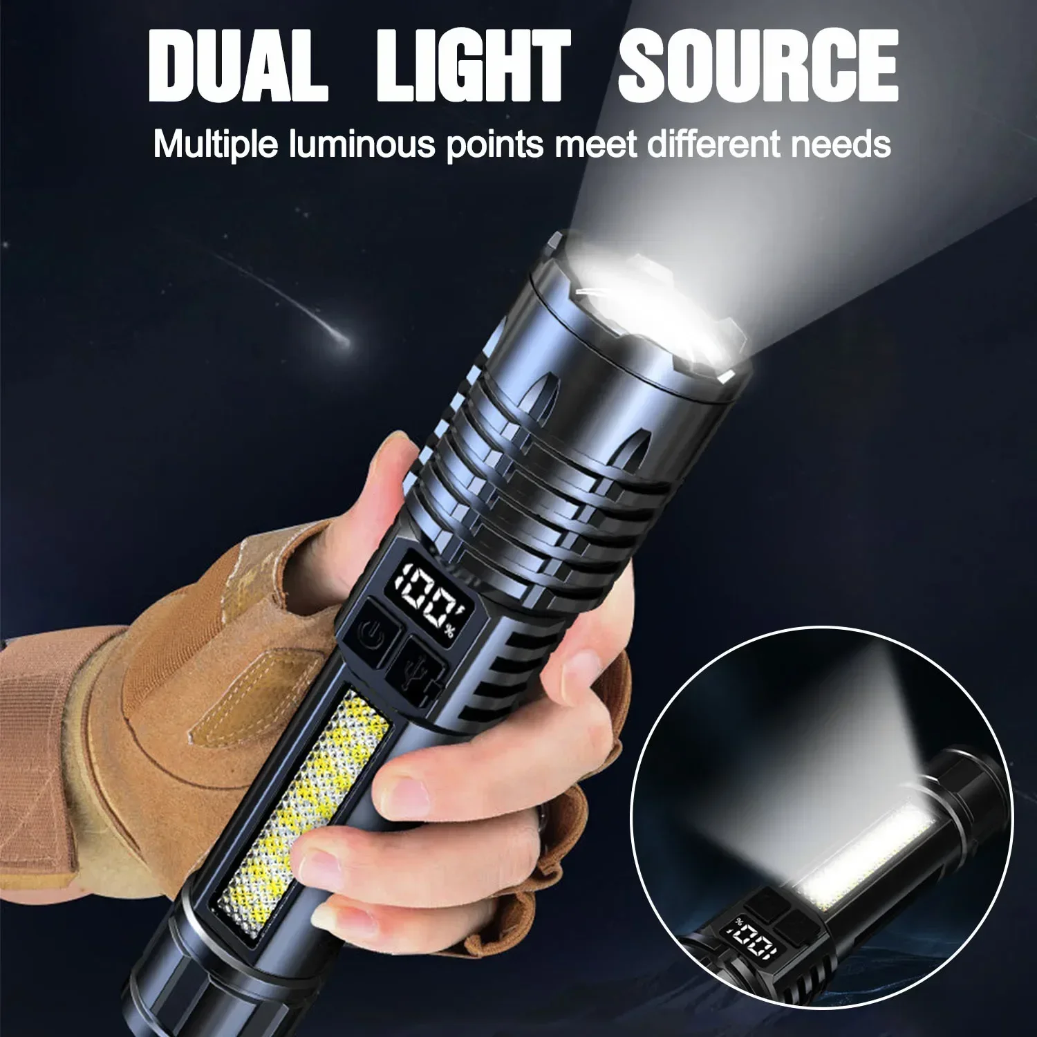 Super Bright LED+COB Flashlight USB Rechargeable 5 Modes LED Flashlights Built-in Battery Powered Waterproof Torch