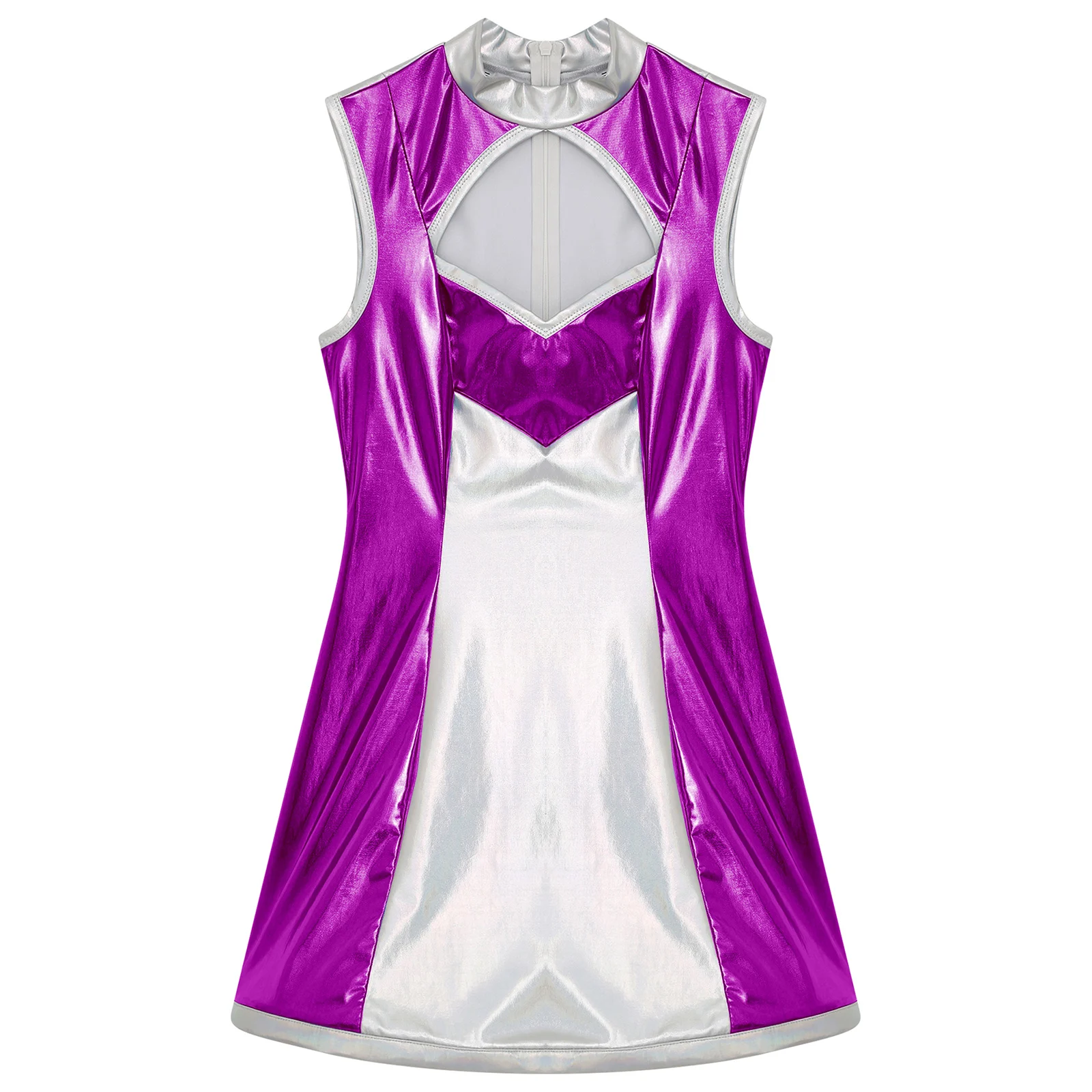 Glanzende metallic jurk voor dames Party High Street mouwloze uitsnijding A-lijn jurk voor Space Fighter Alien verkleedkostuum