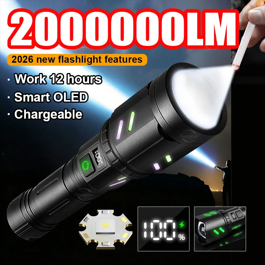 超高出力懐中電灯-2000000lm-バッテリー表示機能付き-充電式戦術トーチ-点火可能なハンドランプ-アウトドアキャンプ用ランタン
