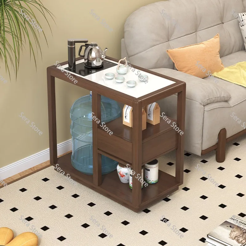 Nordic simple movable rock slab solid wood tea cabinet with kettle integrated living room sofa side tea table side cabinet