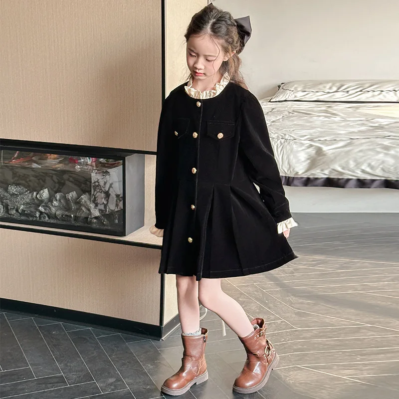 الخريف مدرسة بنات قطعة واحدة مجموعات المرقعة جولة الرقبة الأطفال الفتيات فستان الأميرة زر واحدة الصدر الاطفال الفتيات Derss #2