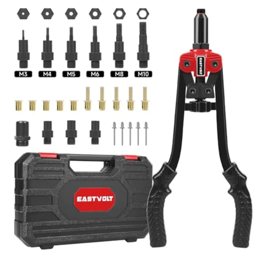 3 in 1 핸드 리벳 건 툴 키트, 자동차 및 금속 제작용 14인치 리벳너트 툴 포함, 6개의 미터법 맨드렐 M3 M4 M5 포함