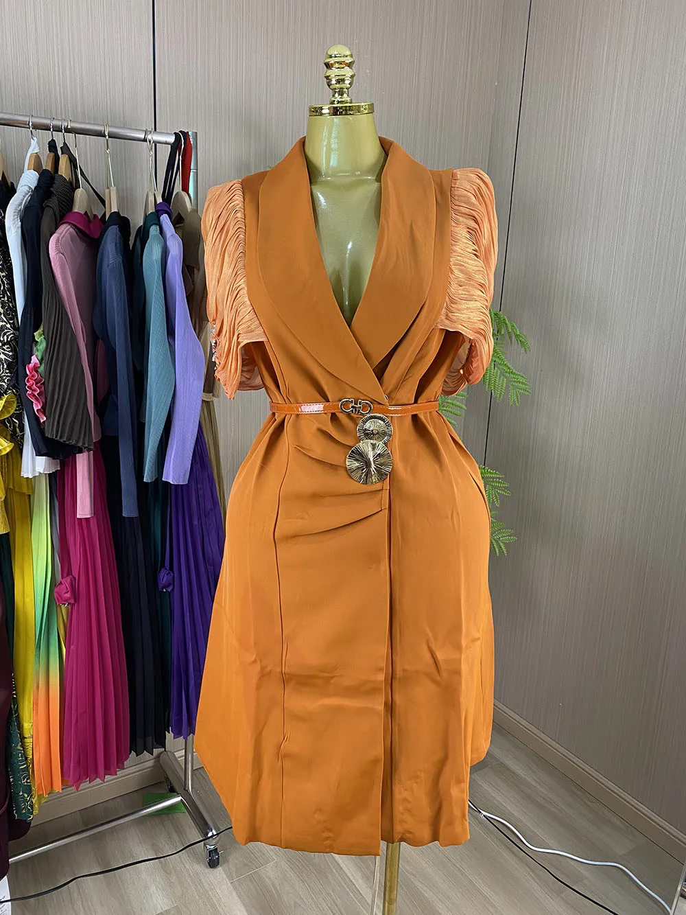 New Spring Professional Formal Dress: Solid Color, Flared Ruffle Sleeves, A-Line Slim Fit, Midi Length-GZXX1132