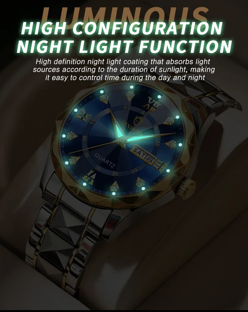BINBOND 2521 Luxury Men's Quartz Watch Waterproof Luminous Double Calendar Watch Men's Quartz Watch Diamond Pointed Glass