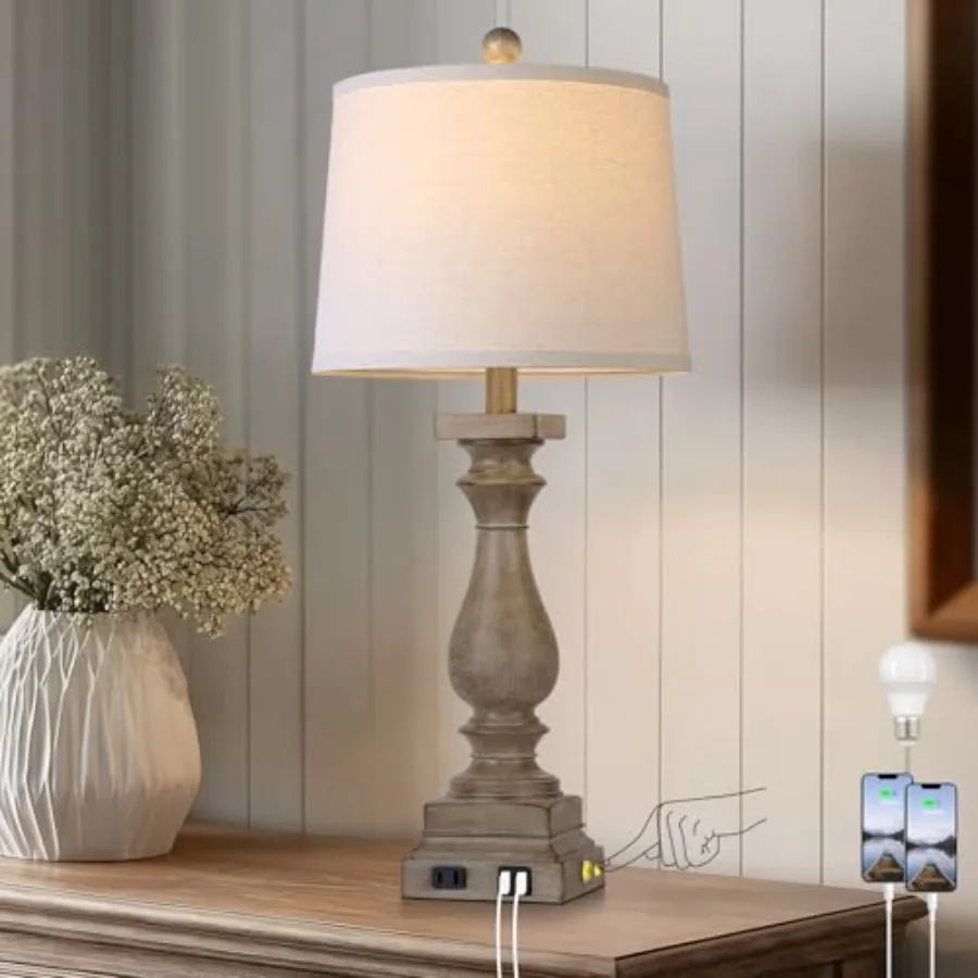 

28" Tall Farmhouse Table Lamp with USB C+A Ports and AC Outlet, 3 Way Touch Control Rustic Bedside Lamp for Bedroom, Brown Vint