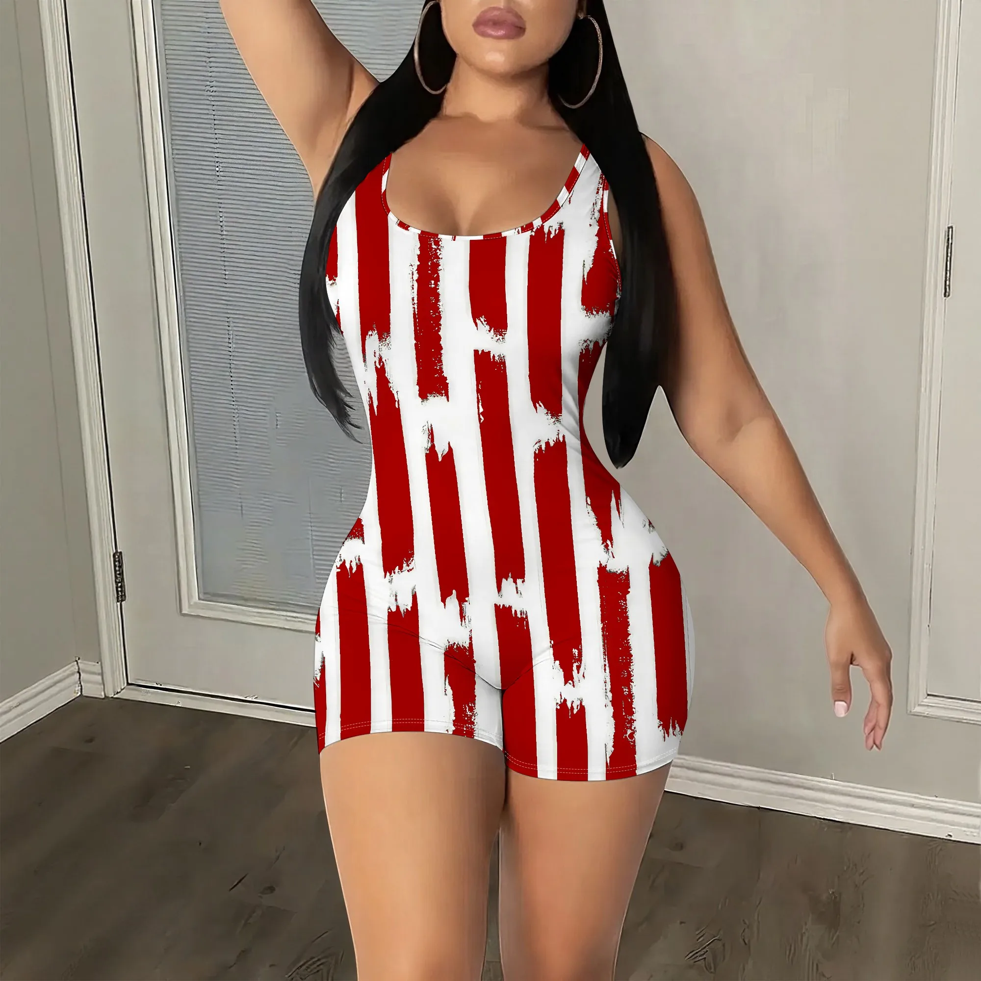 

Striped Print Romper, Sleeveless Jumpsuit, Red White Vertical Pattern, Casual Summer Outfit for Women, S-2XL
