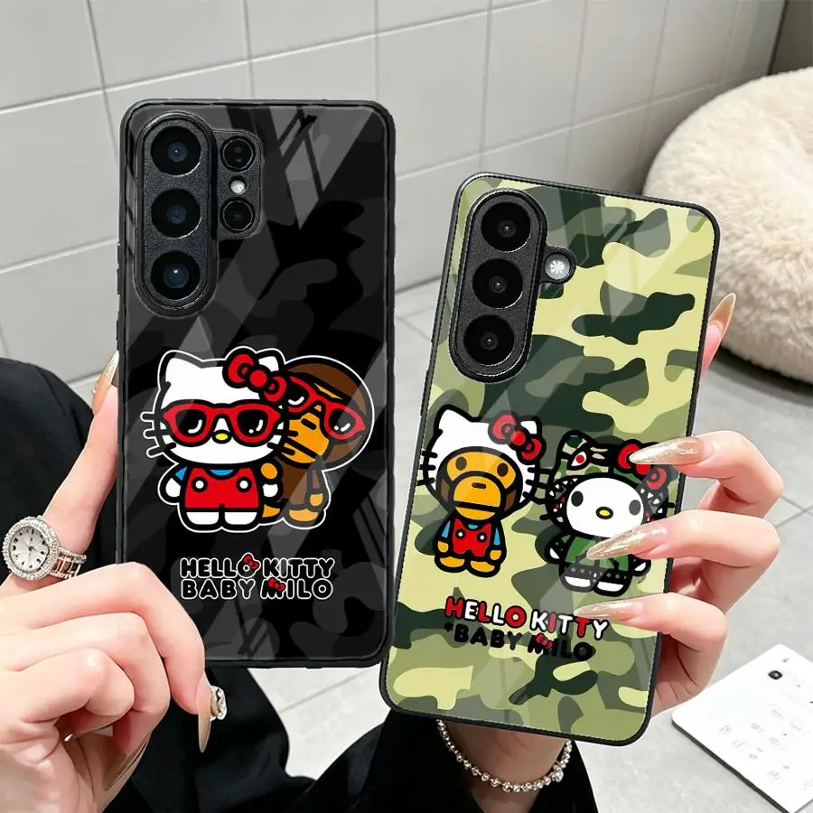 Cute Camouflage Hello Kitty Glass Case for Samsung Galaxy S26 Ultra S23+ S23 FE S21 S26+ S22 25 Edge S20 24 Plus S25+ S24+ Phone