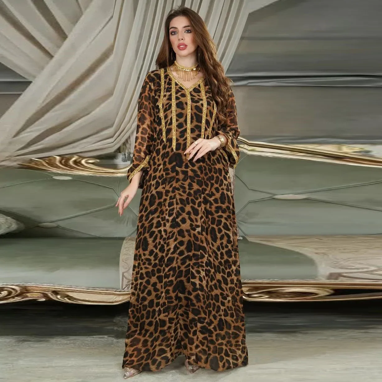 Leopard Print Long Kaftan Women Sequin Muslim Caftan Mujer Loose Abaya Islam Dubai Arab Saudi Robe African Vestidos Musulmanes