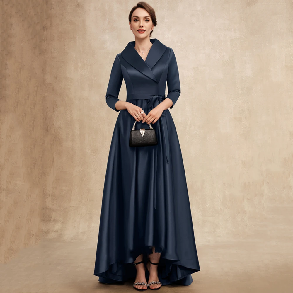 

A-Line Ruffles Mother Dresses Classic Satin V-Neck Three Quarter Sleeve Floor-Length Mom Bow Belt Wedding Guest Gowns