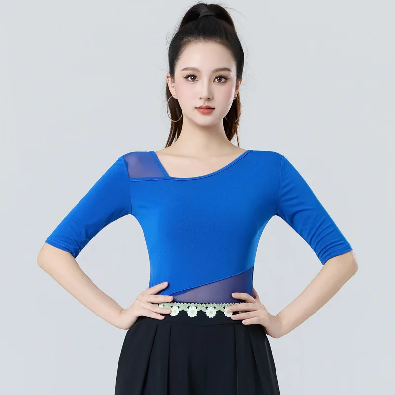 เสื้อเต้นรำละตินสำหรับผู้ใหญ่และผู้หญิง ชุดซ้อมเต้นรำบอลรูมแบบโมเดิร์นแซมบ้า ผ้าตาข่าย ชุดเต้นรำมาตรฐานสากล