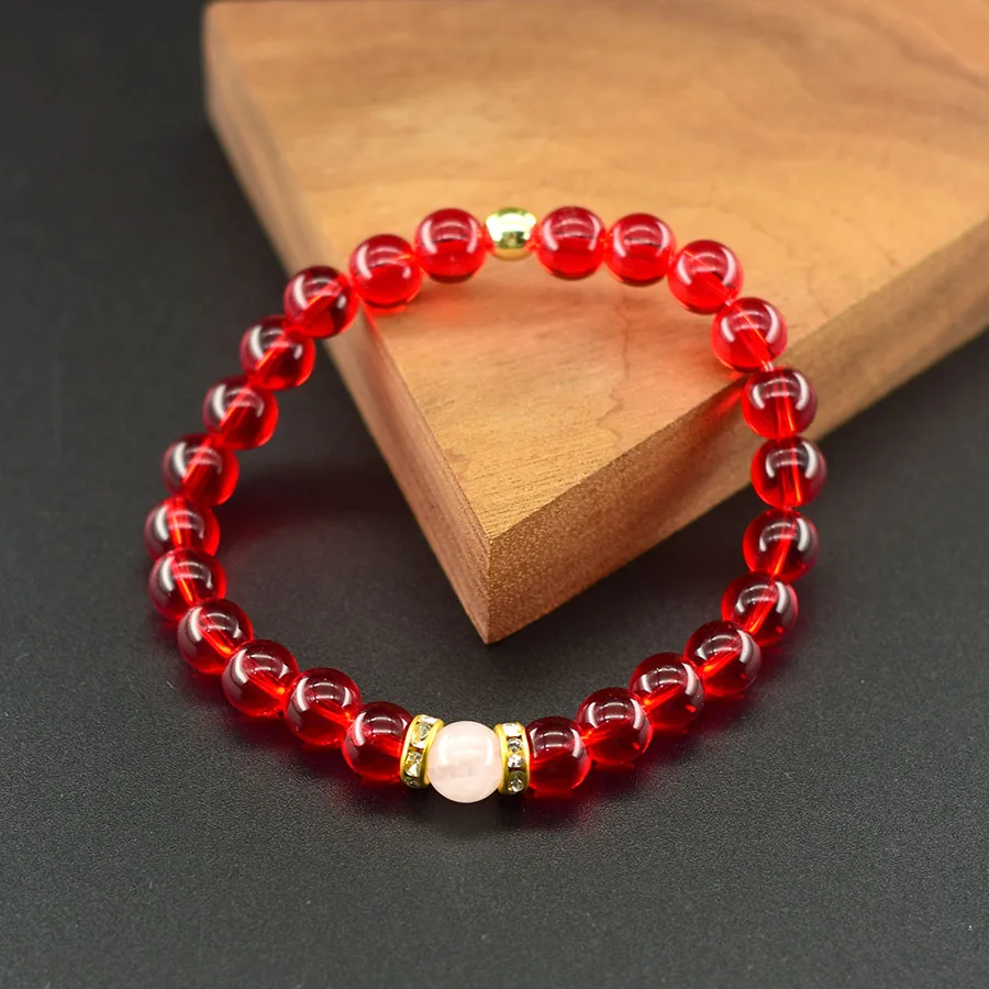 Classic Red Glass Bead Bracelet Women Natrual Pink Crystal Bead Charm Jewelry for Women Promote the Circulation of Blood Pulsera