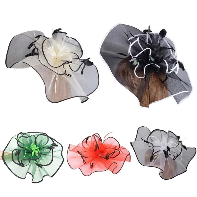 

TeaParty Fascinator Hat Hair Clip for Party Wedding Women Feather Mesh Flower Fascinator Hair Pin Big Flower Church Hat