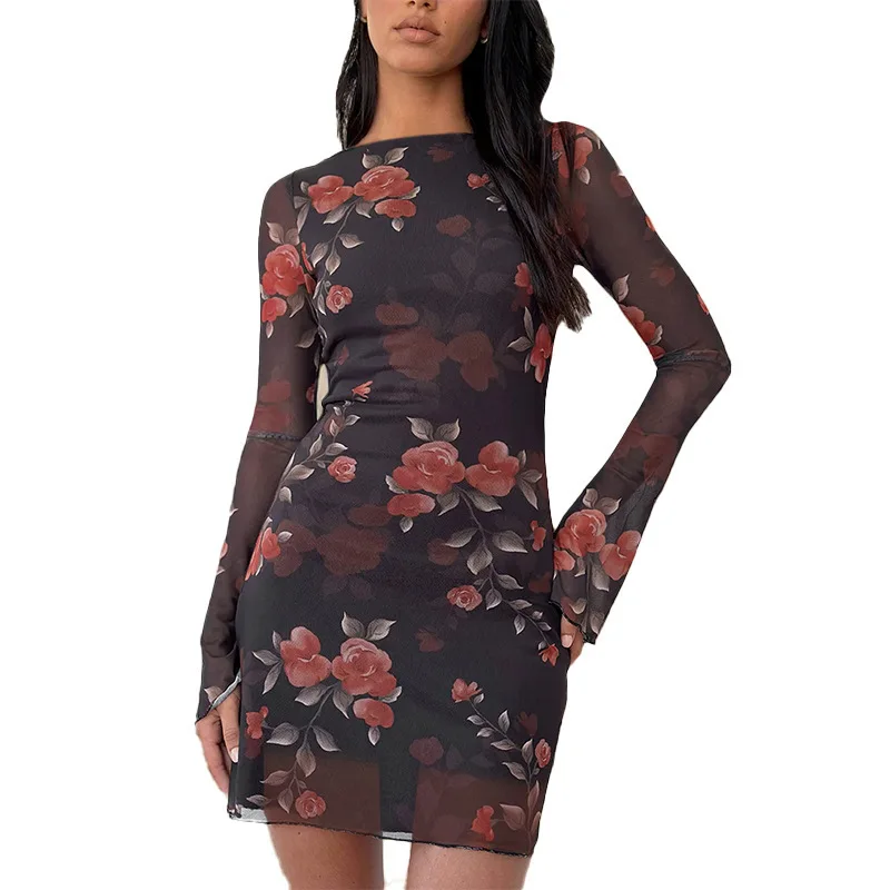 YL25286PFO 2025 automne Sexy maille florale moulante fille chaude robe courte