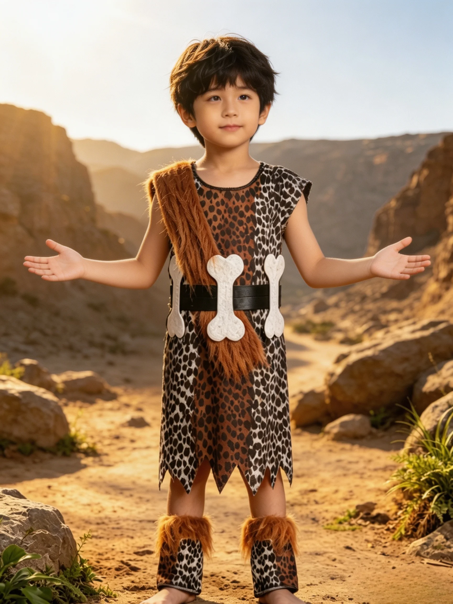 Kids Primitive Caveman Costume Set Leopard Print Tunic With Leg Cuffs Themed Party Outfit
