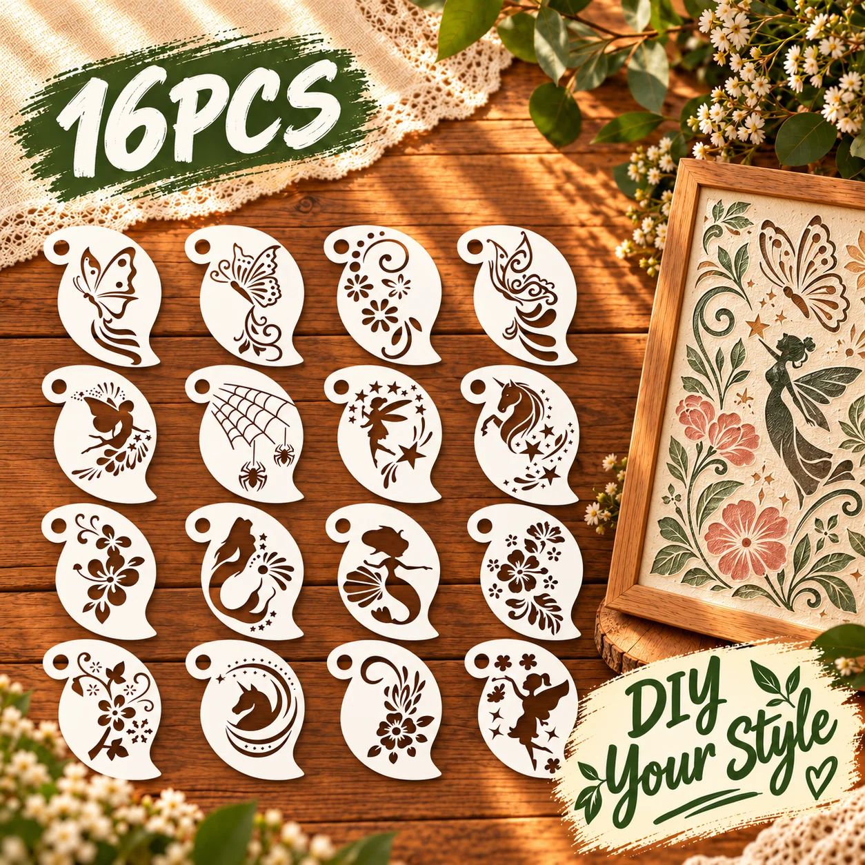 16Pcs Face Painting Stencils Reusable PET Body Art Templates Unicorn Butterfly Fairy Mermaid Makeup Tattoo Kids Party DIY