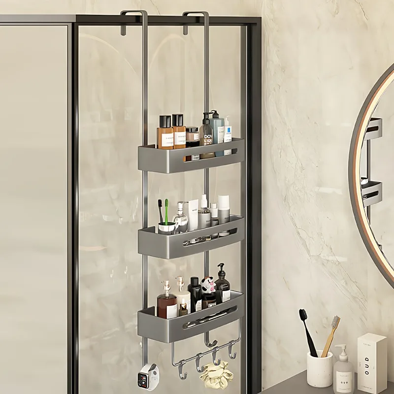 Bathroom Shelf Toilet Shelf No Punching Toilet Hand Washing Storage Bath Shower Glass Door Hanging Basket Hanging