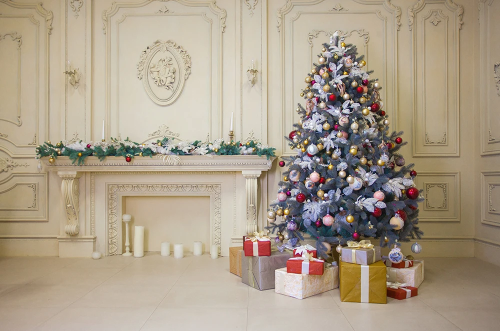 Weihnachts baum Party Kulissen Fenster Kamin Strümpfe Geschenke Baby Porträt Fotografie Hintergrund Fototermin Fotostudio
