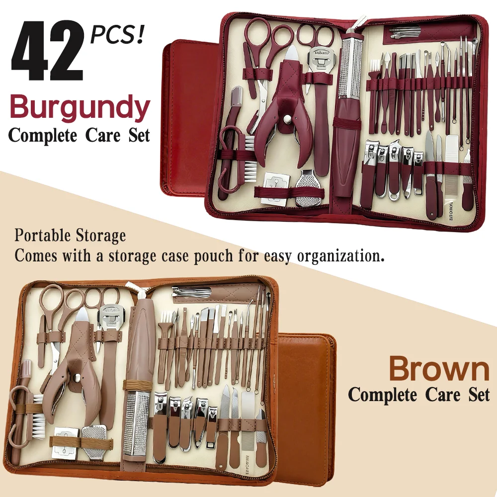 42Pcs Manicure Pedicure Set, Stainless Steel Nail Clipper Grooming Tools Kit, Portable PU Leather Storage Case Hand Foot Nail Trimming Set Available in Burgundy & Brown for Men Women Gift