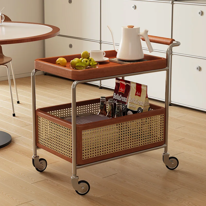 Middle Ancient Style Solid Wood Sofa Side Table, Movable Coffee Table Small Cart, Living Room Household Small Table Storage Rack
