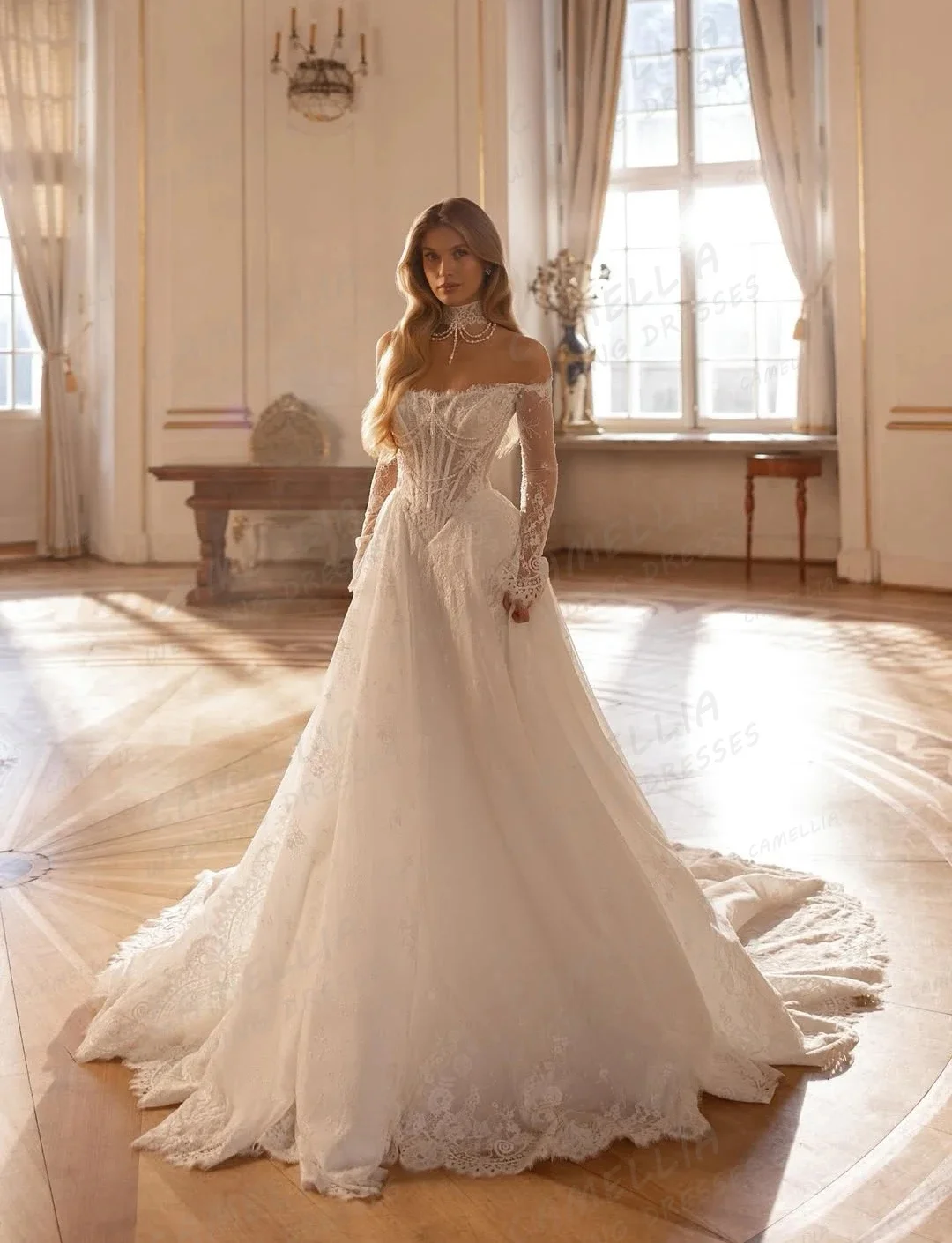 Elegant Off-Shoulder Appliqué Wedding Dress — A-Line Silhouette, Long-Sleeve Tulle Bridal Gown with Long Train (Customization A