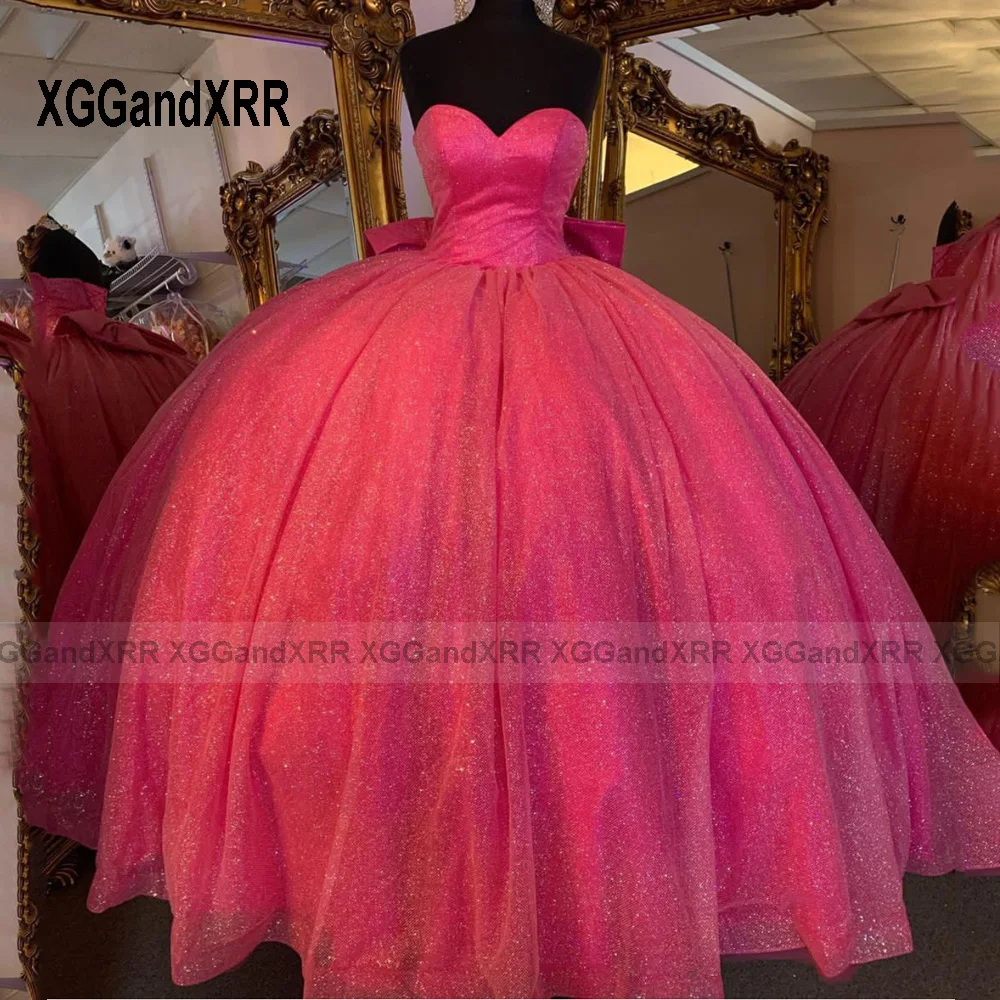 Gaun Fuchsia Quinceanrea asli 2023 gaun pesta dansa payet pita besar sayang elegan gaun pesta dansa gaun kontes Putri 15 16 manis