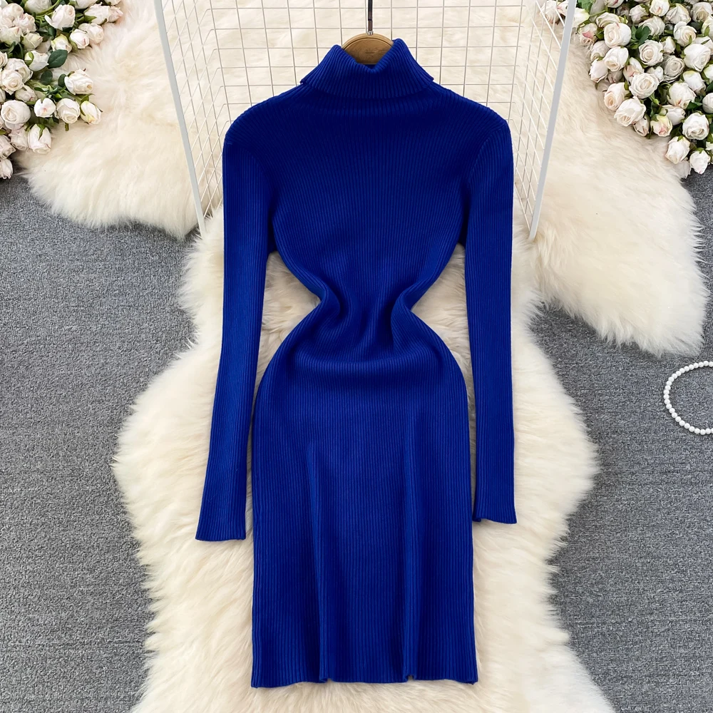 Elegancka dzianinowa sukienka ołówkowa z długim rękawem i golfem Slim Basic Fashion Sweter Vestido Seksowne kobiety Jesień Zima Odzież — zdjęcie 3