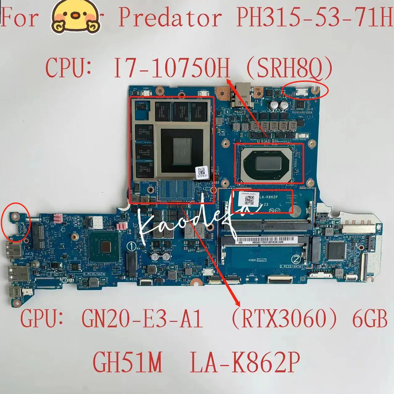 for Acer Predator PH315-53-71HN Laptop Motherboard CPU:I7-10750H SRH8Q GPU:GN20-E3-A1 (RTX3060)  6GB GH51M LA-K862P 100% Test OK