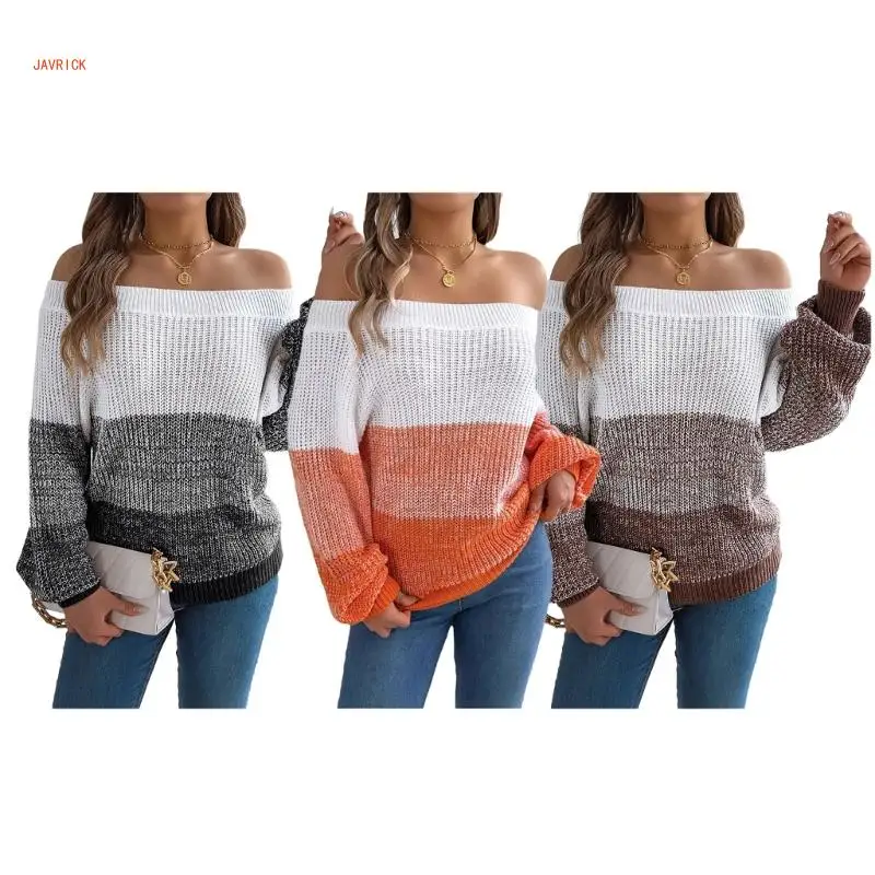 Women's Fashionable Bare Shoulder Sweater with Lantern Sleeves Jumper TOp for Casual Autumn and Winter Wear