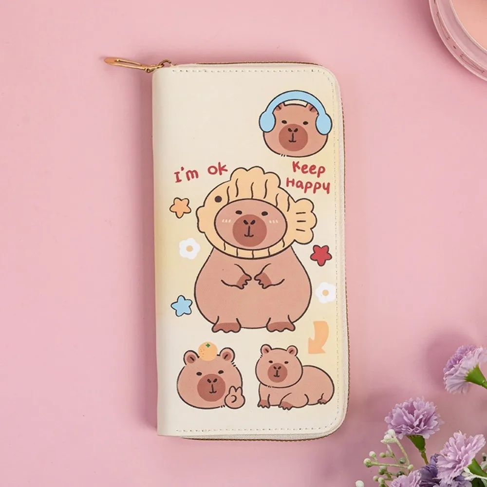 Nueva cartera larga de capibara de dibujos animados, tarjetero de cuero PU impermeable con cremallera, tarjetero multicapa para mujer