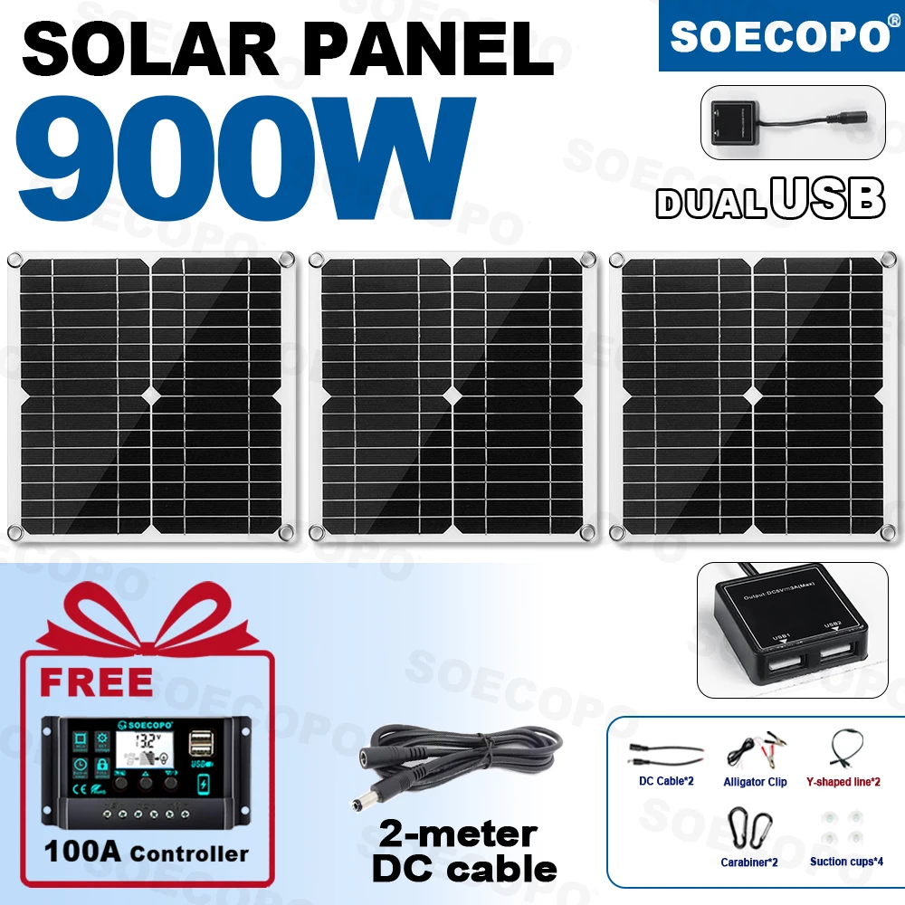 SOECOPO 900 W tragbares Solarpanel-Set – 3 Photovoltaik-Panels, kostenloser 100-A-Controller, Dual-USB-5-V-Netzteil für Campingausrüstung