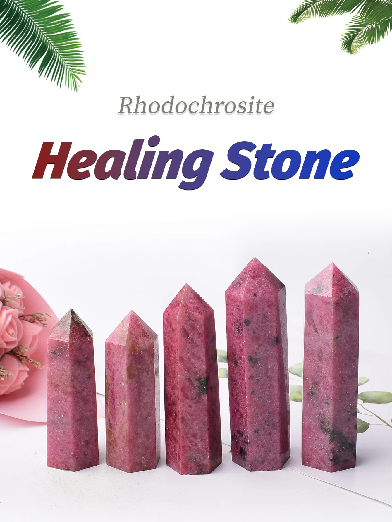 1PC Natural Rhodochrosite Crystal Point Reiki Healing Stone Hexagonal Prisms Obelisk Wand Tower Energy Meditation Gift