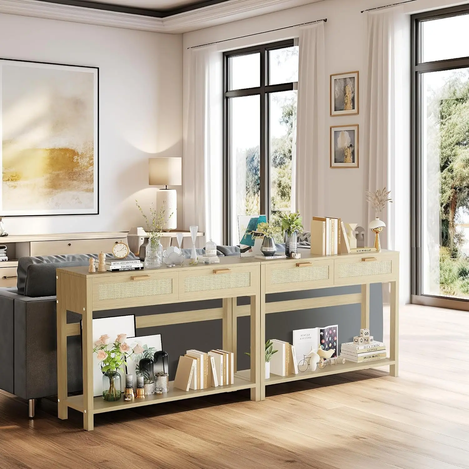 Comfort Corner Rattan Console Table,Long Entryway Table with 2 Drawer,Sofa Table with Open Shelf, Hallway Table for Living Room