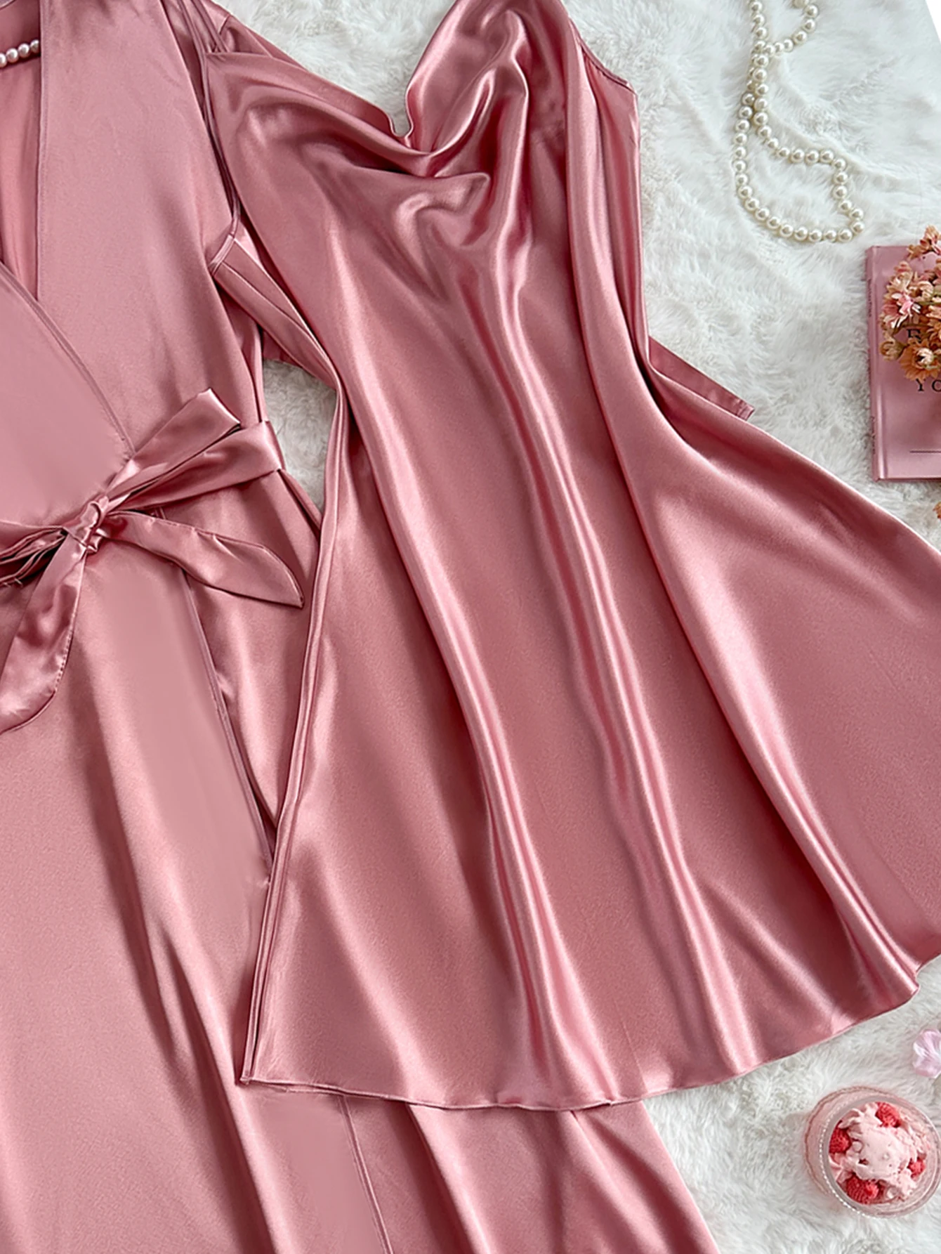 2 ชิ้นชุดขนาดบวกสีทึบแฟชั่นเซ็กซี่ Nightgown ชุดนอนสําหรับผู้หญิง