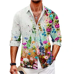 Camisa de manga comprida Graffiti masculina, lapela, estampada de flores, lazer de verão, cardigã de rua, 2023