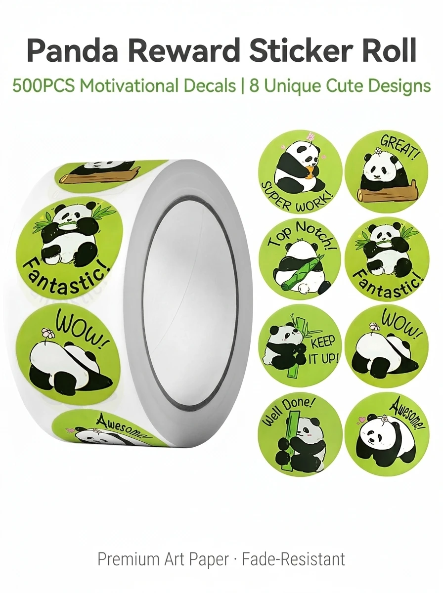 1 rouleau (500 pièces) 1 ''rond dessin animé récompense Pandas autocollants pour enfants enseignant récompense fournitures scolaires Incentive animale décor à la maison