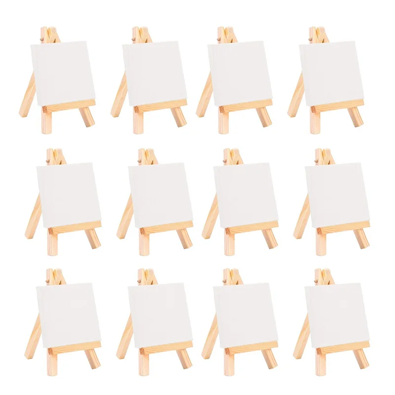 12Pcs Artists Mini Easel +3 Inch X3 Inch Mini Canvas Set Painting Diy Drawing Small Table Easel for School