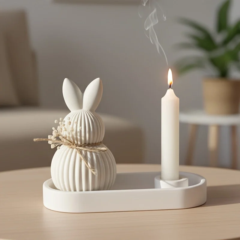 

2pcs/Set DIY Candle Holder Tray & Striped Ball Rabbit Clay/Silicone Mold for Plaster, Epoxy and Oval Candlestick