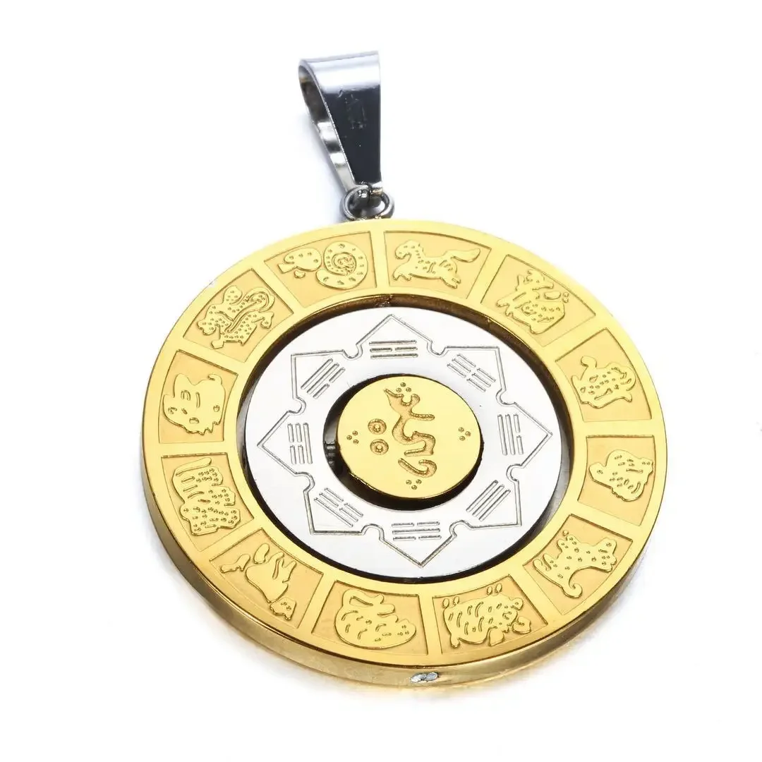 Rotating Constellation Zodiac Jiugong Bagua Pendant Necklaces Scripture God of Wealth Amulet Necklace Titanium Steel Jewelry