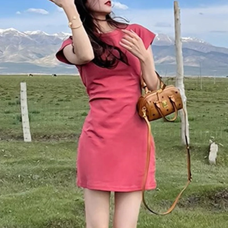 فستان نسائي بأكمام قصيرة ، ملابس نسائية ، كاجوال ، رقبة دائرية ، نحيل ، مثير ، شاطئ ، صغير ، بسيط ، متين ، الموضة ، الصيف ، Y2K ،