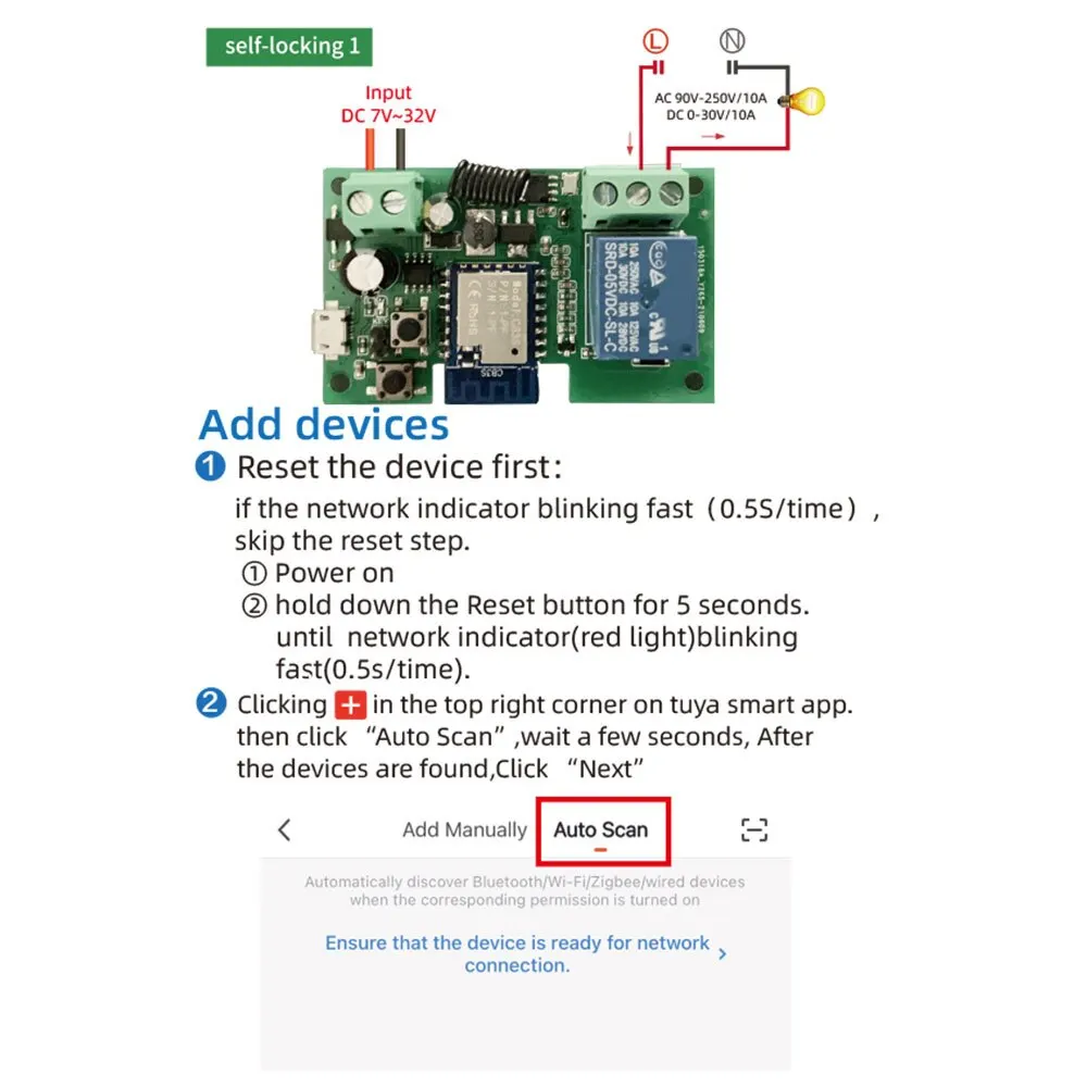 Tuya-Wifi付きワイヤレススマートスイッチ,リレーモジュール,Rfレシーバー,7-32v dc 85-250v,2200w,10a,diy