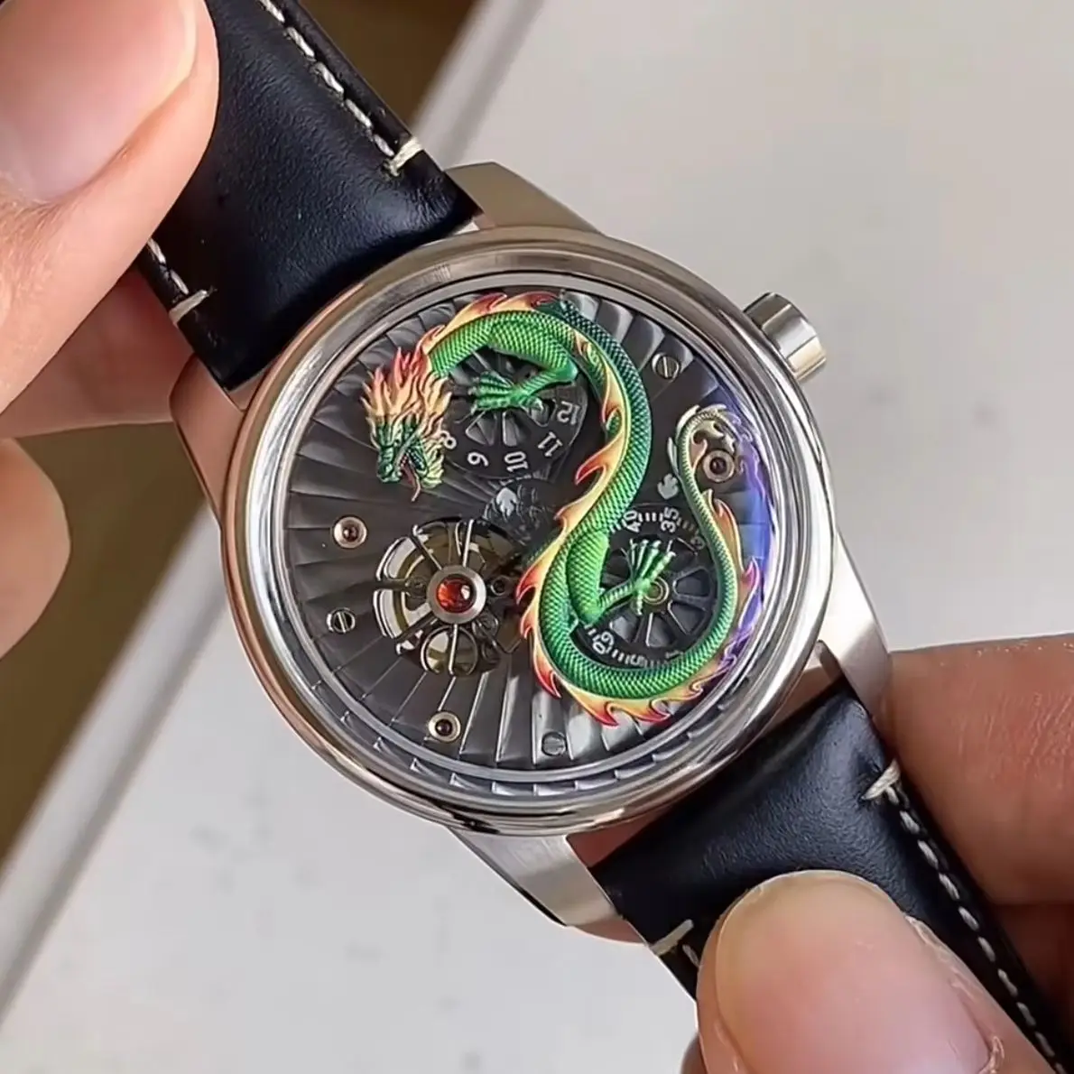 OBLVLO Men Automatic Watch 45mm Mechanical Wristwatch Luminous Waterproof Luminous Rotatable Dragon Dial Sapphire Mirror