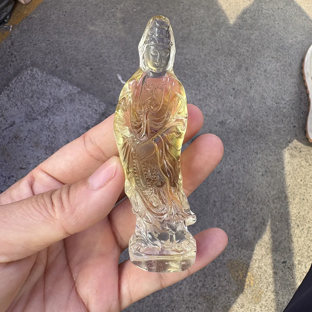 Custom Handcrafted Natural Citrine Guan Yin Figurine - 10cm Cute Gemstone Goddess Statue Collectible Home Decor