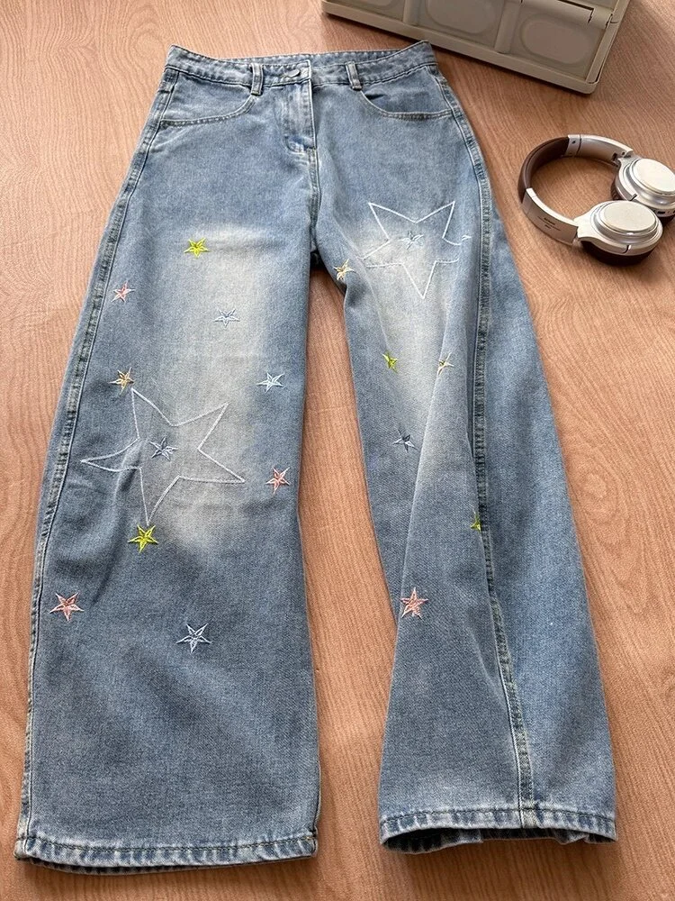 American Retro Cartoon Star Embroidered Jeans Women's Loose Straight Leg Wide Leg Trousers Versatile High Waisted Denim Pants