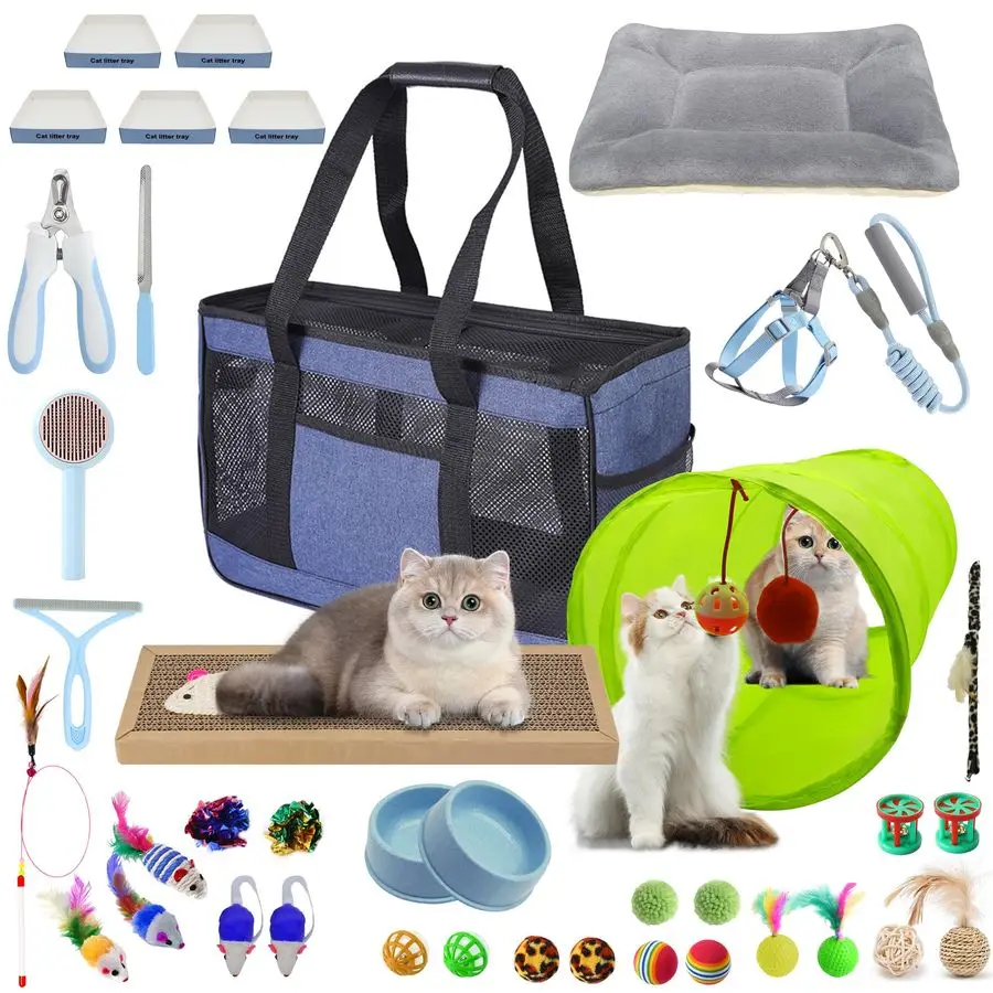 

Стартовый набор для котят, идеально подходит для кошек до 6 месяцев, товары для кошек, включает набор из 23 игрушек, лежанку, переноску, одноразовый лоток для туалета.