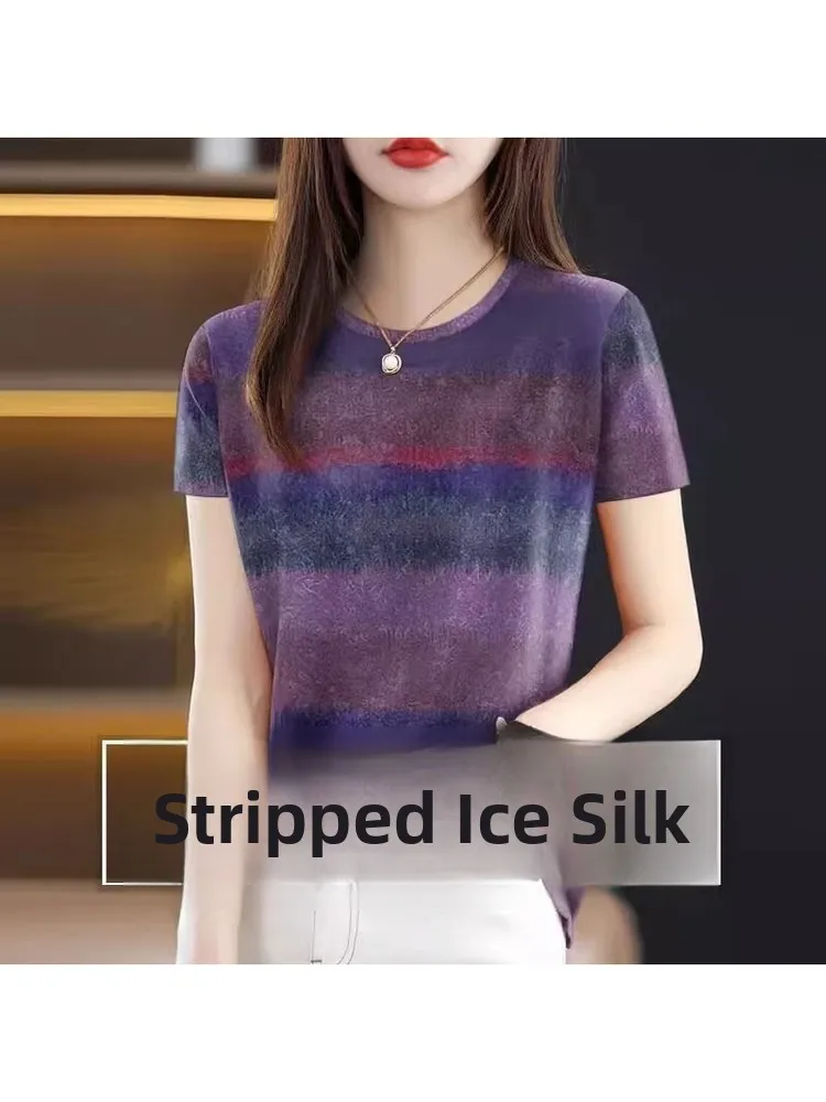 Ice Silk Short Sleeve T-Shirt Women's Printed Loose Fit round Neck Top Korean Style Belly Covering Wind Chaser Summer Shirt