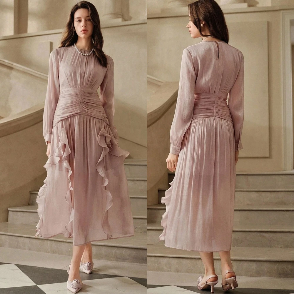 

Customized Luxury Chiffon Evening Dress Delicate O-Neck Prom Dresses Temperament Long Sleeves Special Occasion Gowns